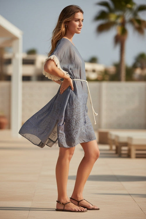 Boho Beach Sundress cover up in Sheer and Soft Dapper in Denim Print 2