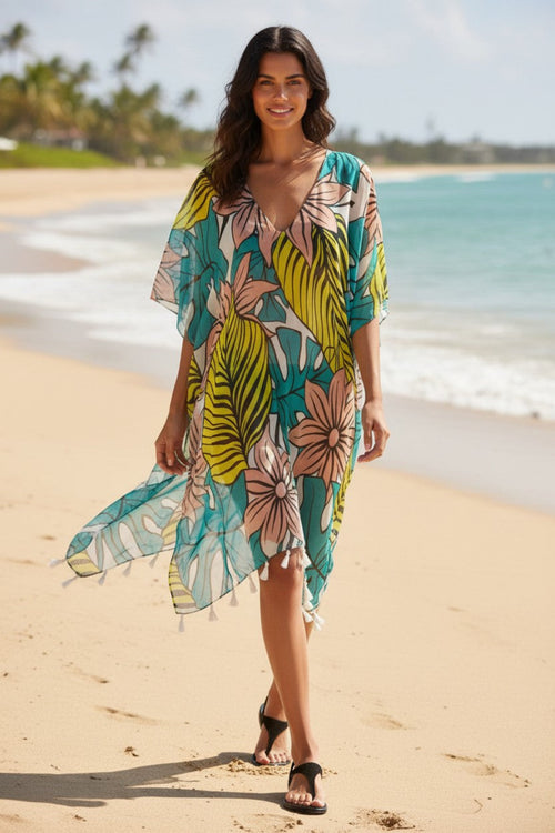 Botanic Pop Print V-Neck Sundress Coverup in Bright Lime Green Color