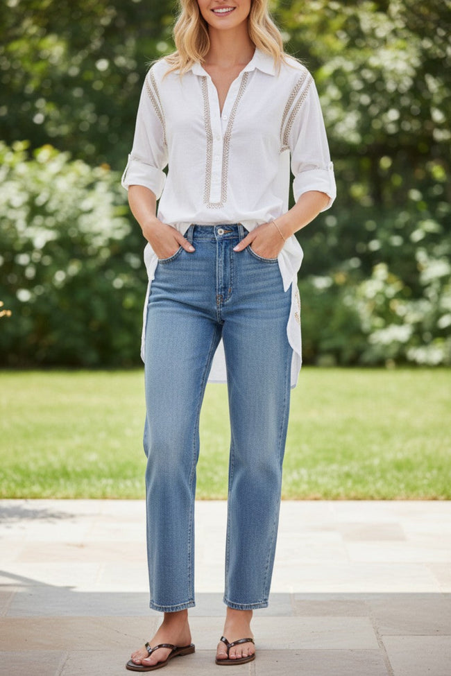 Boyfriend Button Front White Cotton Shirt with Hand Stitched Embroidery in Dune Tan Color 2