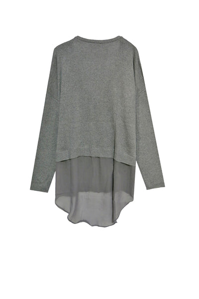 Boyfriend_Cotton_Cashmere_Knit Sweater_Cardigan_with_Chiffon_Silk_Back_Knit_Heather_Grey back view
