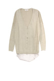 Boyfriend Cotton Cashmere Sweater Cardigan with Chiffon Silk Back Oatmeal Tan Color
