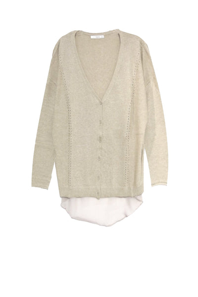 Boyfriend Cotton Cashmere Sweater Cardigan with Chiffon Silk Back Oatmeal Tan Color