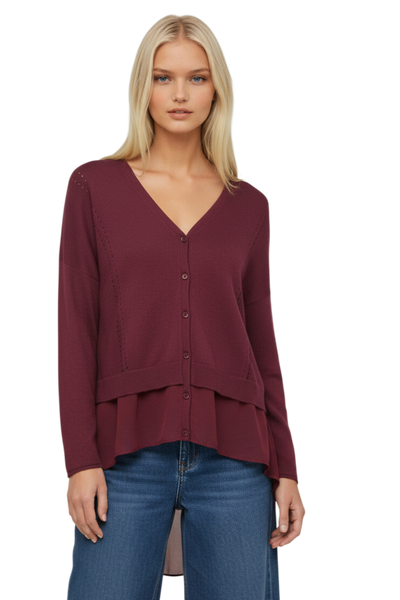 Boyfriend Cotton Cashmere Sweater Cardigan with Chiffon Silk Back maroon red