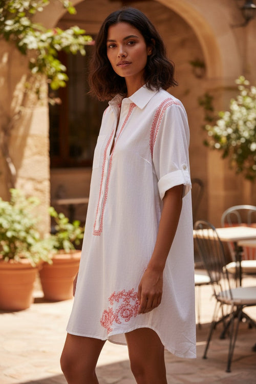 Boyfriend White Cotton Shirt Coverup with Mandarin Hand-Stitched Embroidery