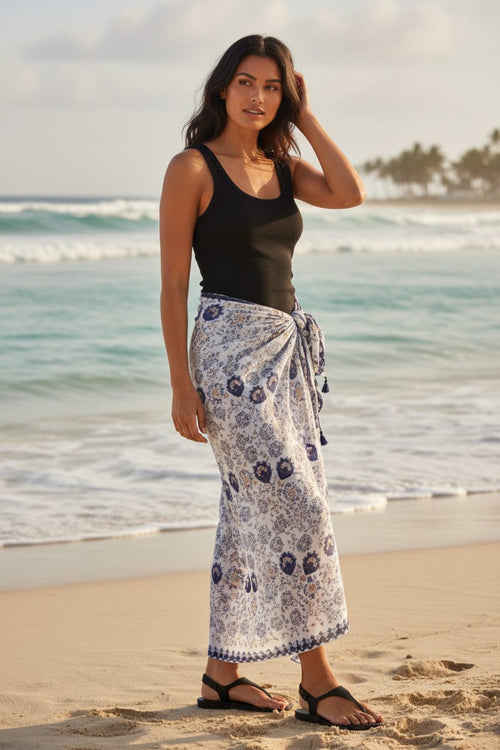Braided Multi-Wear Cover-Up Sarong in Ancient Melodies Blue-on-White Print