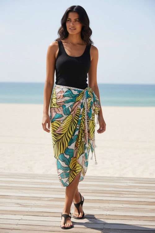 Braided Multi Wear Coverup Sarong in Bright Lim Green Botanic Pop Print 2