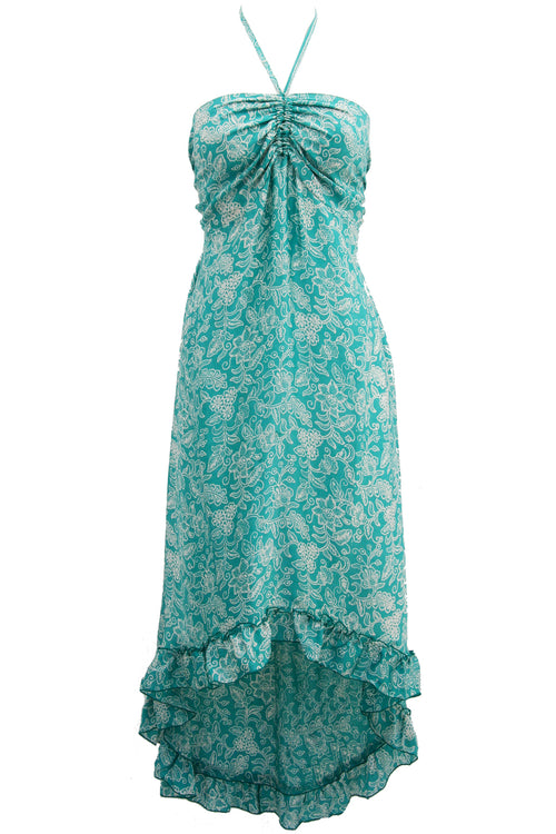 Ruffle-Hem Halter Midi Dress in Printed Silk