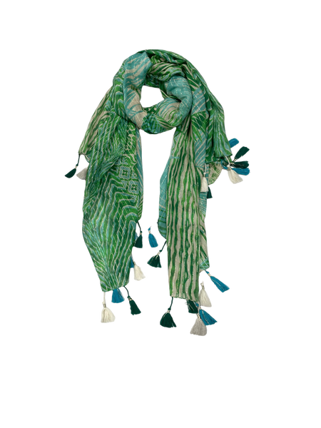 Leafy Veranda Bright Green Print Cotton Lurex Sarong-Scarf Wrap