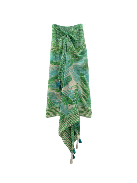Leafy Veranda Bright Green Print Cotton Lurex Sarong-Scarf Wrap