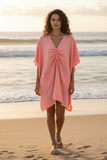 Caroline Kaftan Ruching Linen Blend Sundress Coverup in Coral