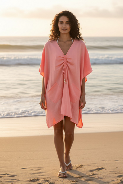 Caroline Kaftan Ruching Linen Blend Sundress Coverup in Coral