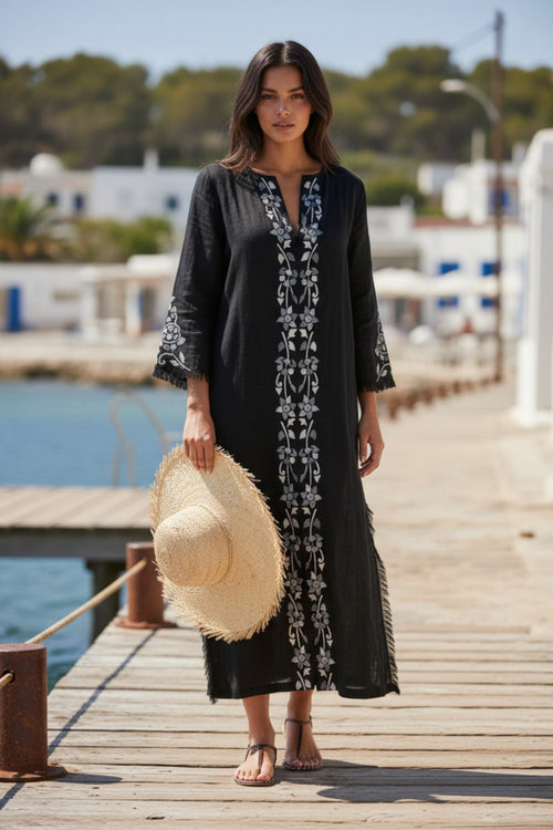 Catalina Maxi Cotton Embroidery Detail Gauze Kaftan Resort Luxury Sundress white  black