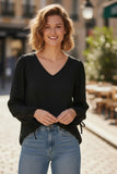 Celina Drawstring-Sleeve V-Neck Pullover Sweater black