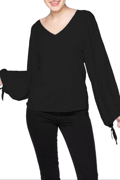 Celina Drawstring Sleeve Sweater V Neck Pullover - Subtle Luxury black