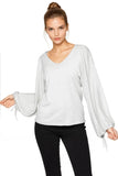 Celina Drawstring Sleeve Sweater V Neck Pullover - Subtle Luxury surf grey