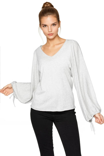 Celina Drawstring Sleeve Sweater V Neck Pullover - Subtle Luxury surf grey