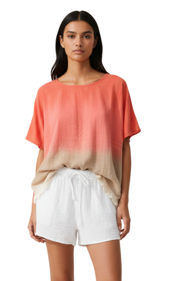 Chelsea Dip Dye Ruffle Bottom Cotton T-Shirt Top sunset tie dye orange tan white 2