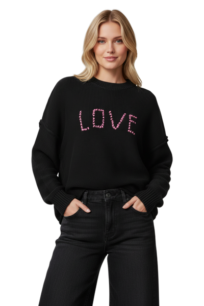 Chunky Cotton Blend Pullover Sweater- Cross Stitch "Love" hand embroidery black pink