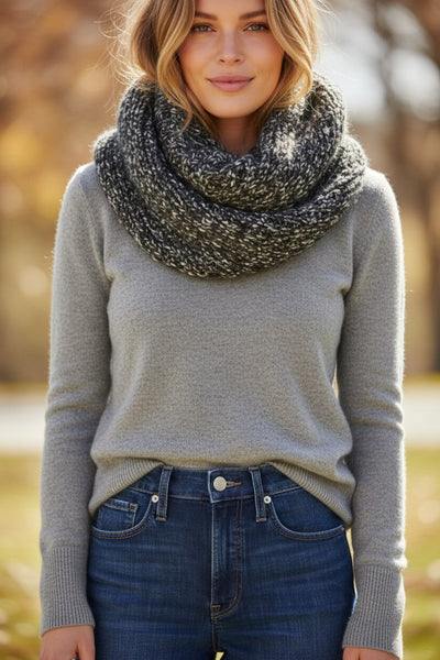Chunky Hand-Knit Novelty Stitch Sweater Scarf Wrap Charcoal Black