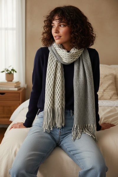 Convertible Over-sized Hand Knit Scarf in Cream & Grey