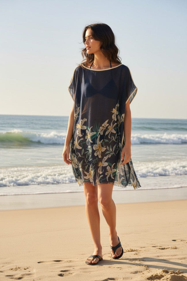 Corinthian Cover-Up Sundress in Lovely Lily Navy Sheer Print 2