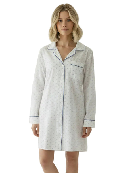 Cotton Chambray Night Shirt in White - Mini Blue Dot Print