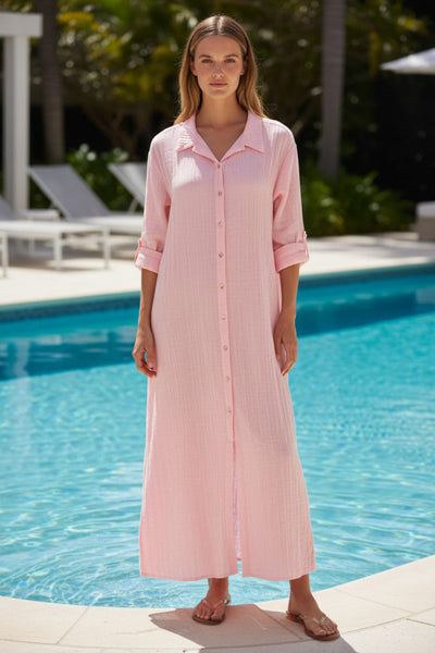 Cotton Gauze with Lurex Stripe Daydreamer Button Front Maxi Dress pink lurex