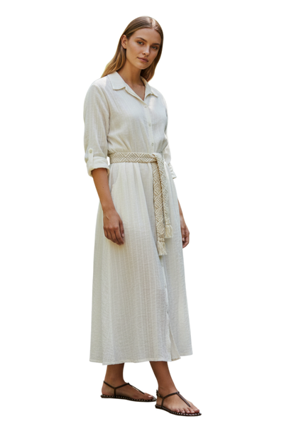 Cotton Gauze with Lurex Stripe Daydreamer Button Front Maxi Dress white lurex