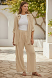 Cotton Lurex Stripe Gauze Drawstring Side Tie Beachside Pant tan