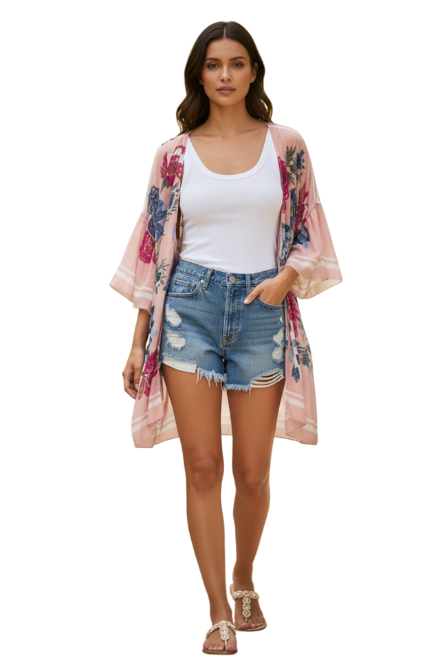 Coverup Bell Sleeve Coverup Print Kimono with Touch of Metallic Pink multi mood