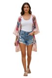 Coverup Bell Sleeve Coverup Print Kimono with Touch of Metallic Pink multi mood