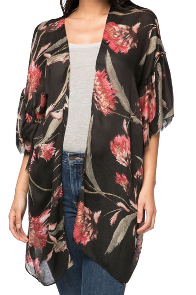 Coverup Bell Sleeve Coverup Print Kimono with Touch of Metallic black red