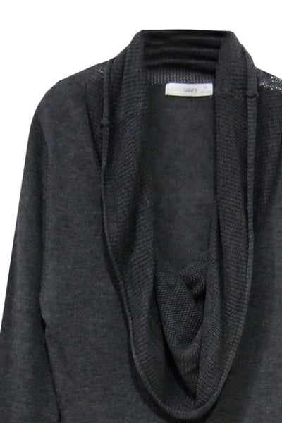 Cowl-Neck Sweater | Open Knit Stitch Sheer Front | Tencel - Cashmere Blend Knit, pebble grey  close up