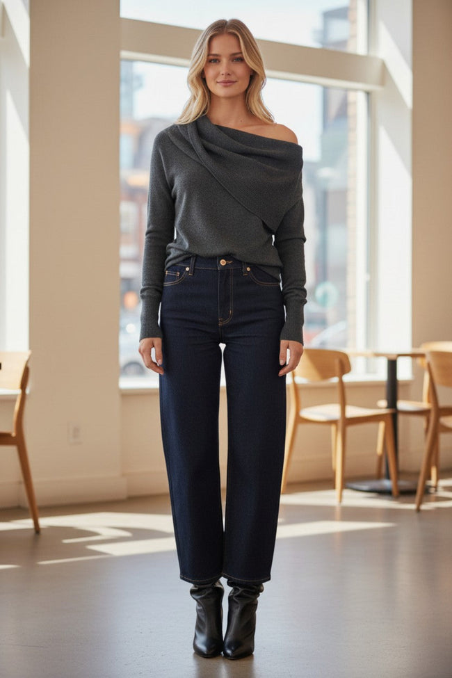 Cowl-Neck Sweater | Open Knit Stitch Sheer Front | Tencel - Cashmere Blend Knit, storm grey mood  close up