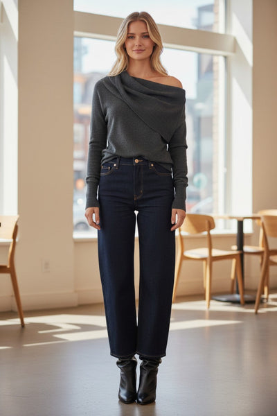 Cowl-Neck Sweater | Open Knit Stitch Sheer Front | Tencel - Cashmere Blend Knit, storm grey mood  close up