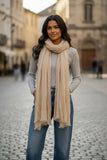 Crinkle Desert Luxury Extra Fine Wool Scarf Wrap Oatmeal Tan 2