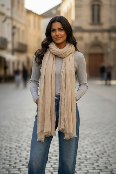 Crinkle Desert Luxury Extra Fine Wool Scarf Wrap Oatmeal Tan 2