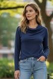 Cross Over Mock Neck Mixed Media Back Panel Sweater cosmic blue