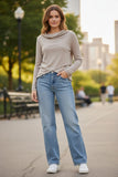 Cross Over Mock Neck Mixed Media Sweater with Silk Woven Back Panel almond tan