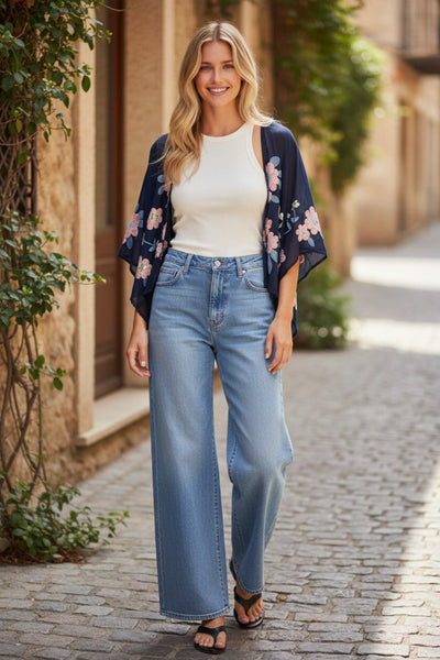 Daisy Chain Embroidered Crop Kimono Wrap navy