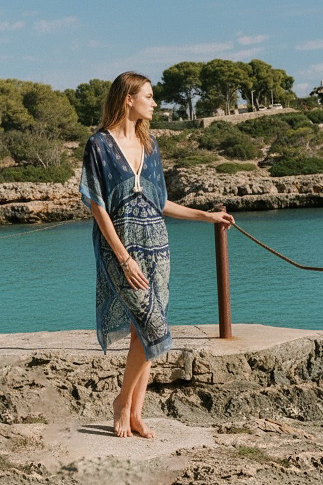 Kaftan Maxi Coverup Sundress in Denim Patches Print with Braided Trim