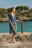 Kaftan Maxi Coverup Sundress in Denim Patches Print with Braided Trim