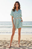 Double Cotton Gauze Washed Lazy Day Romper - Printed stamp block Blue