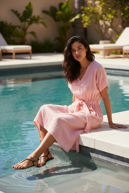 Double Gauze Cotton Washed Solid Bella Tie Dress pink