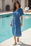 Double Gauze Cotton Washed Solid Bella Tie Dress pink dust apricot blue cobalt