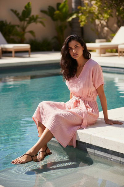 Double Gauze Cotton Washed Solid Bella Tie Dress pink