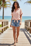 Double Gauze Cropped Cotton Getaway Solid Camp Shirt ifaded aqua blue appricot  tan 2
