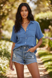 Double Gauze Cropped Cotton Getaway Solid Camp Shirt ifaded blue