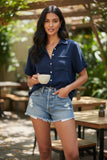Double Gauze Cropped Cotton Getaway Solid Camp Shirt indigo