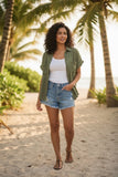 Double Gauze Cropped Cotton Getaway Solid Camp Shirt olive